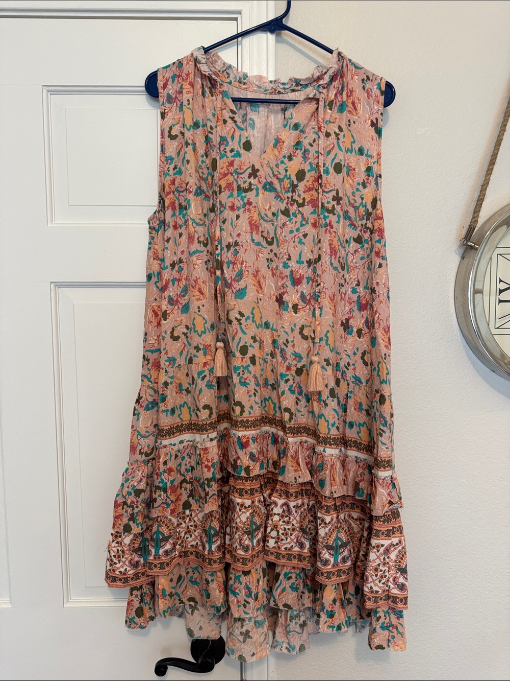 Peach Floral Boho Tiered Sleeveless Dress